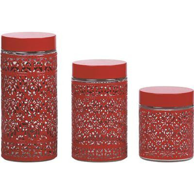3pc Glass Canister Set Ss Red